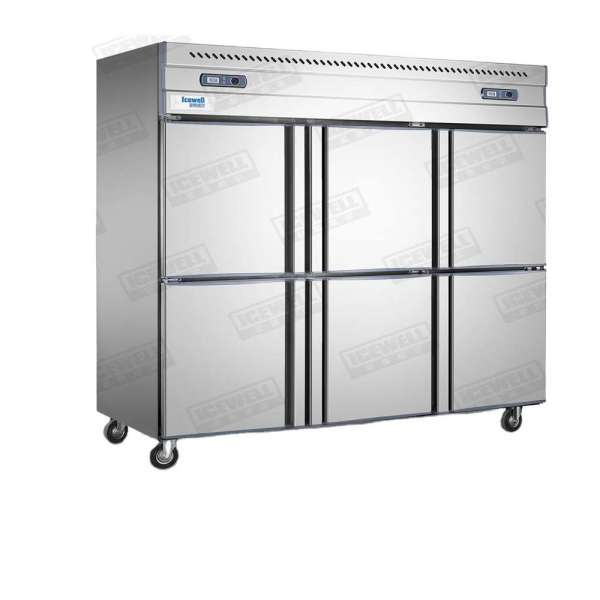 6 doors stainless steel double temp temperature  upright fridge for kitchen of hotel and restaurant